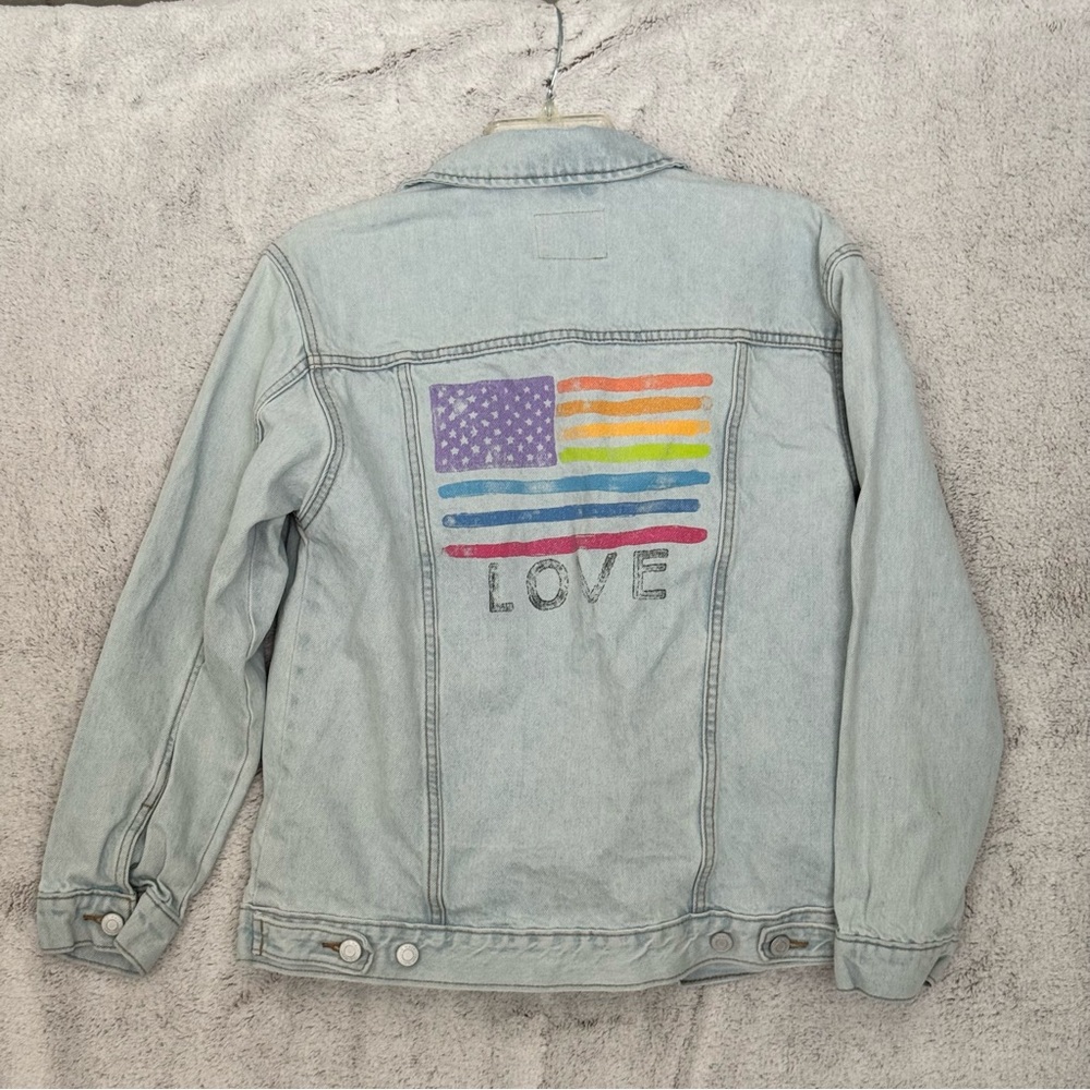 Old Navy Kids Denim Jean Jacket with Rainbow Flag Design XL 14-16 Pride